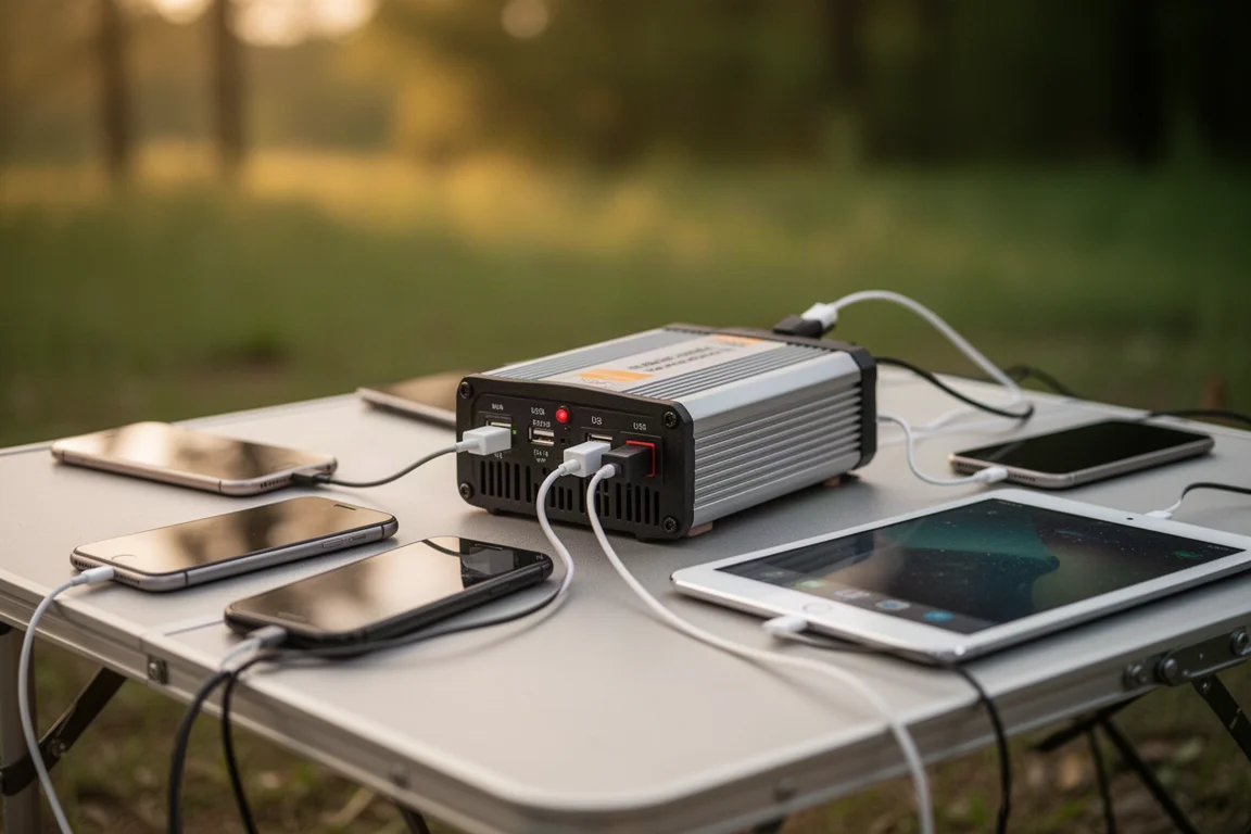 Smartphones und Tablets laden an USB-Ports eines tragbaren Power-Inverters auf einem Campingplatz