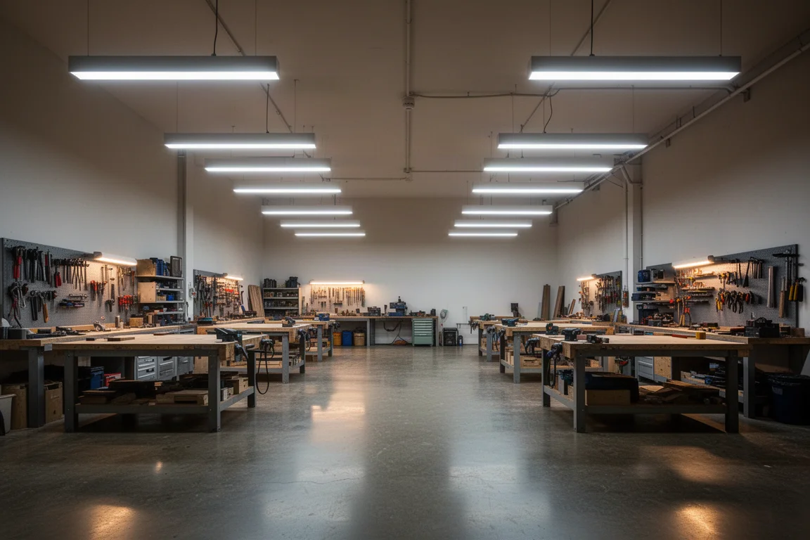 Große Werkstatt-Innenansicht, hell erleuchtet von deckenmontierten LED-Leuchten