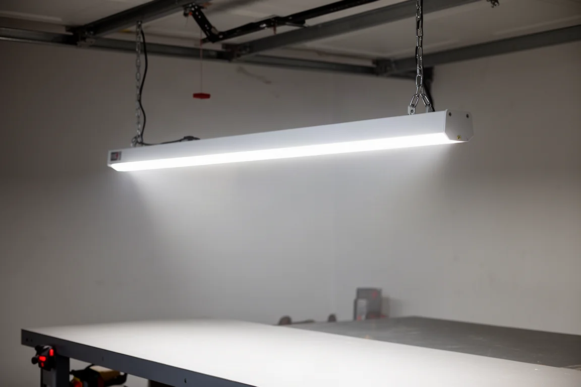 Linear LED shop light suspended above a workbench casting cool white light