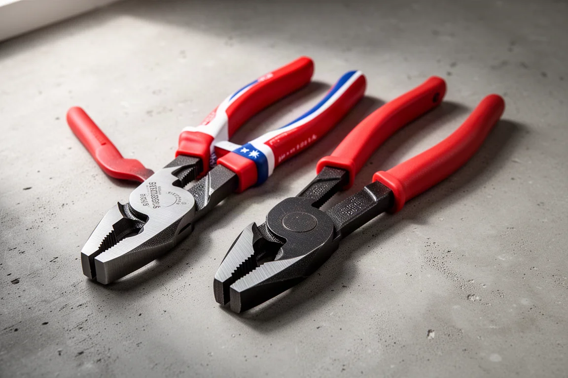 Two large 9-inch side cutting lineman pliers side by side on concrete