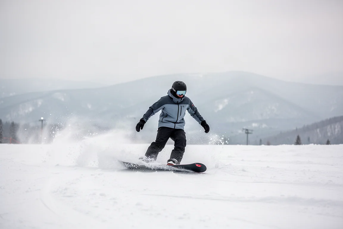 Snowboarder bajando una pista primaveral castigada bajo una luz gris de cielo cubierto