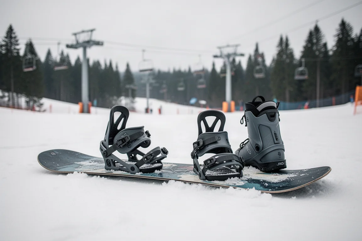 Tabla de snowboard y fijaciones apoyadas sobre nieve compactada en la zona base de una estación