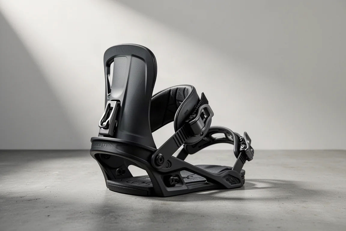 Rear entry snowboard binding with folded-down highback and cable on concrete