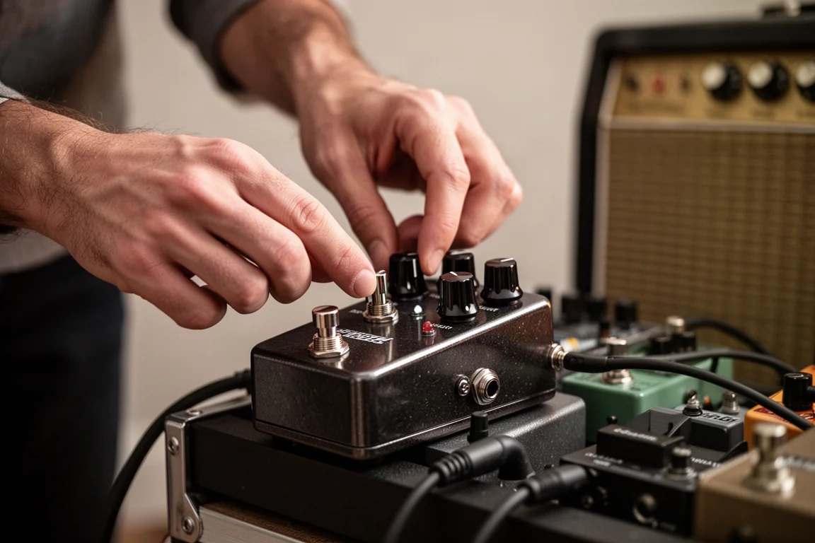 ペダルボード上のコンパクトなファズペダルのノブを調整するギタリストの手