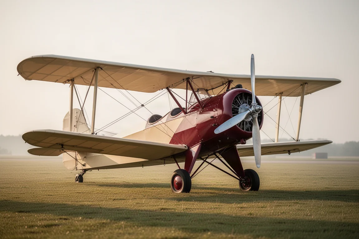 Klassischer offener Stoff-beplankter Spitzenschwanz geparkt auf einem Grasflugplatz