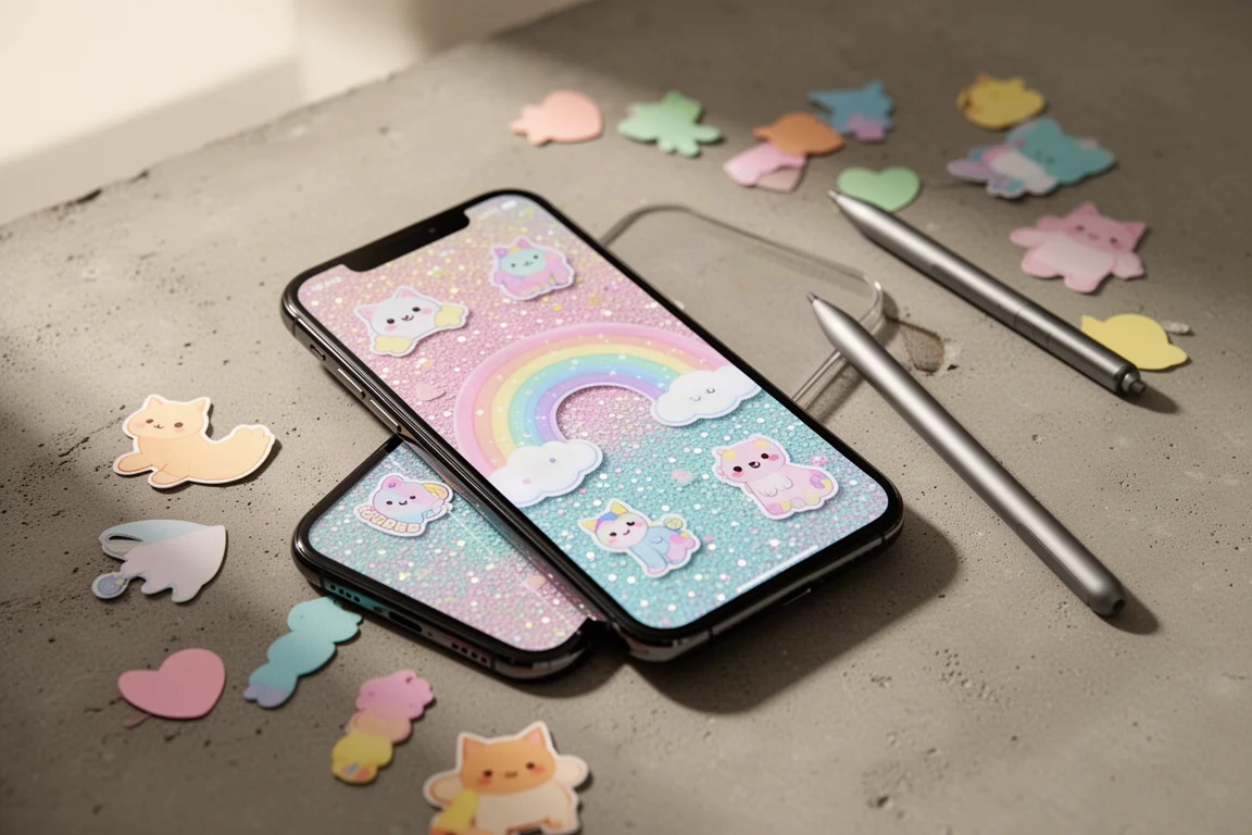 Smartphone auf Beton mit buntem digitalen Doodle und Stift daneben