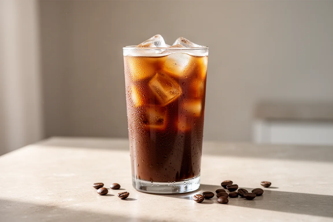 Café helado en un vaso con condensación sobre una encimera de cocina luminosa