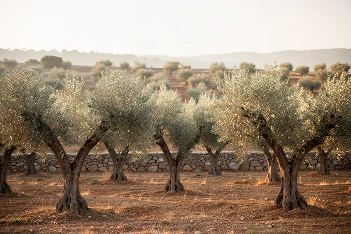 Filas de olivar bajo la cálida luz mediterránea en una ladera