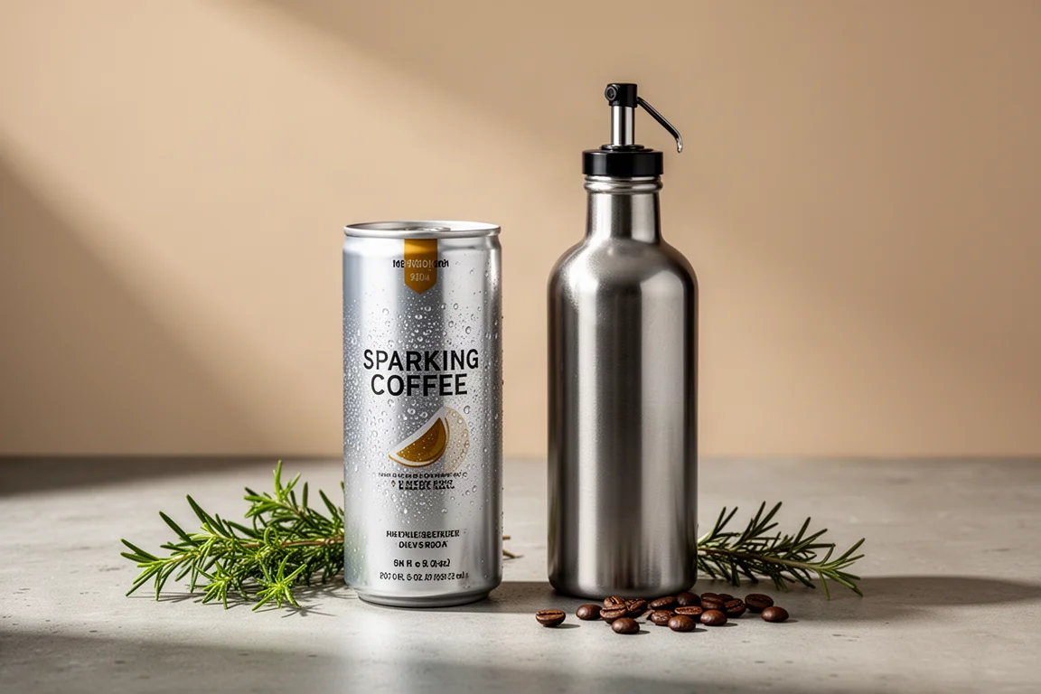Sparkling coffee can and aluminium olive oil bottle on a concrete surface