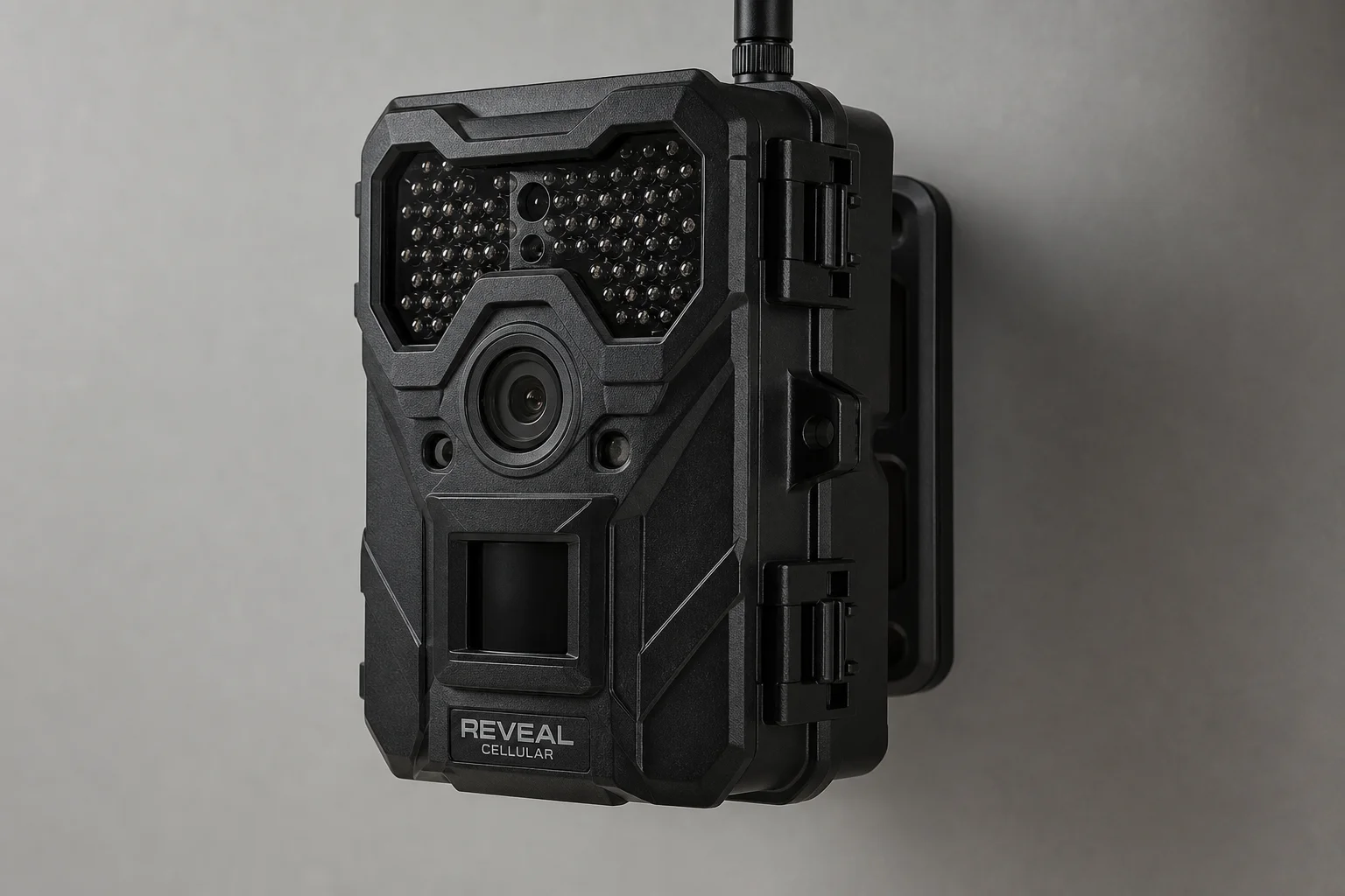 Five trail cameras displayed on weathered wood surface