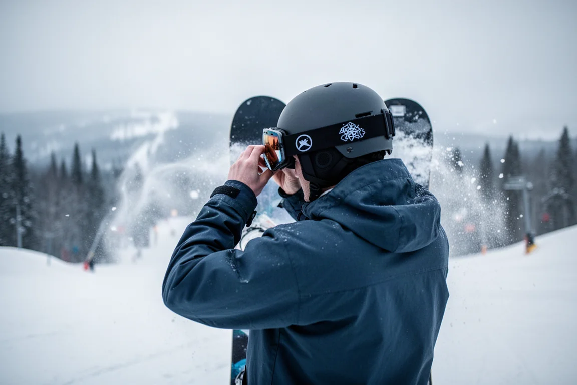 Snowboarder stellt die Brille auf einem Helm an einem hellen, verschneiten Hang ein