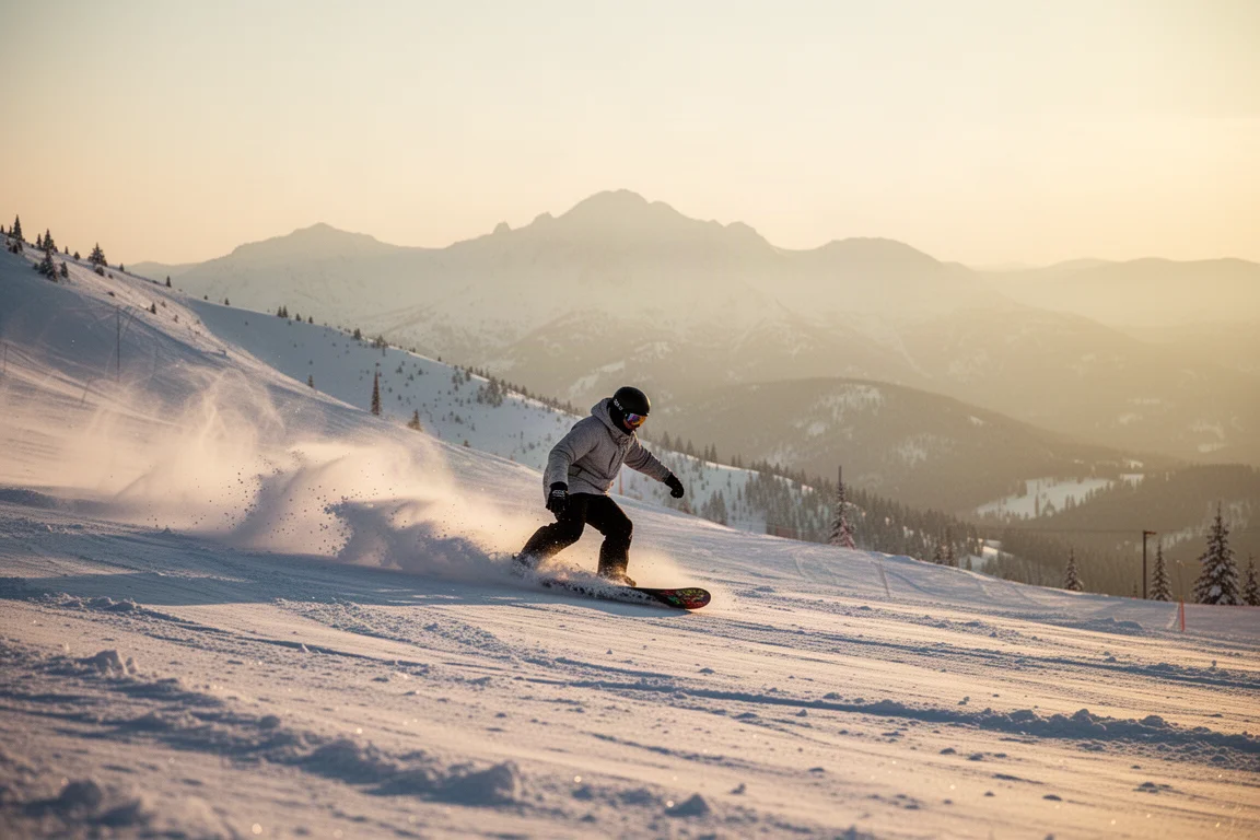Snowboarder fährt durch frischen Pulverschnee auf einer Bergabfahrt