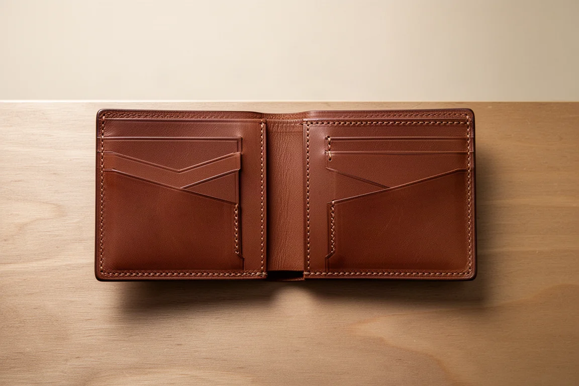 Geöffnete Bifold-Brieftasche mit sichtbaren inneren Kartenfächern und sauberer Naht
