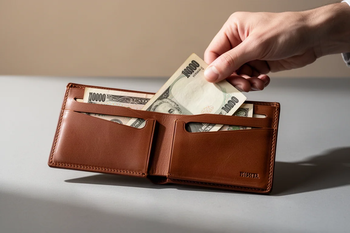 Hand hält einige gefaltete Banknoten, die aus einer Lederbrieftasche gezogen wurden