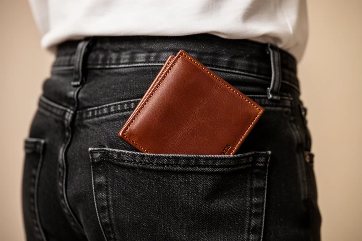 Lederbrieftasche wird in die Gesäßtasche einer Jeanshose gesteckt