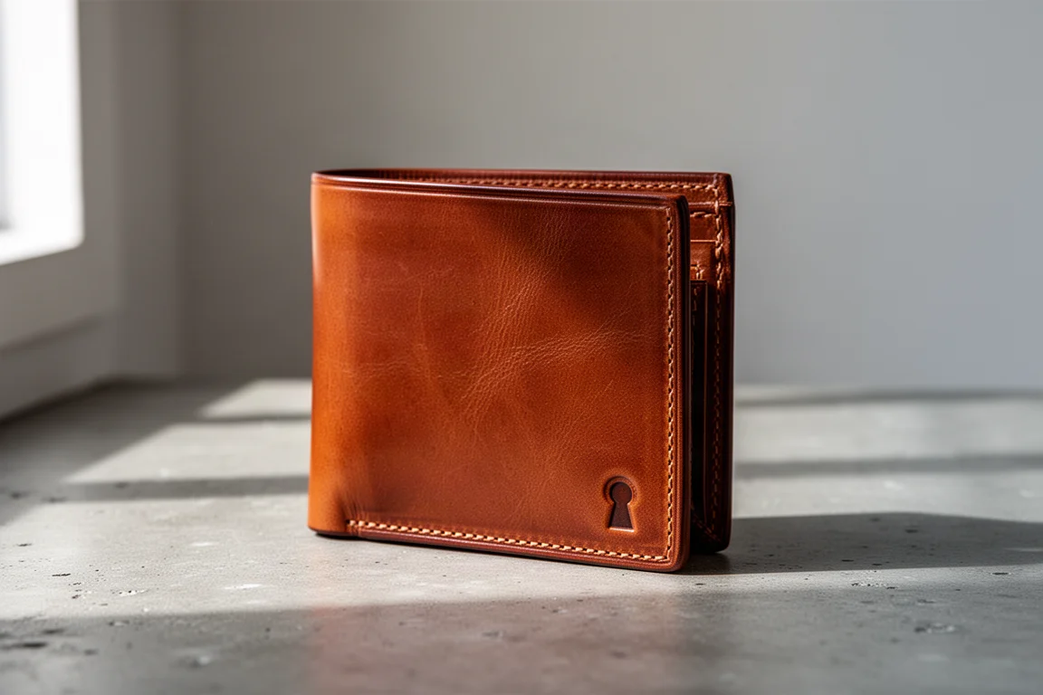 Brown hand-stitched leather bifold wallet on a matte concrete surface