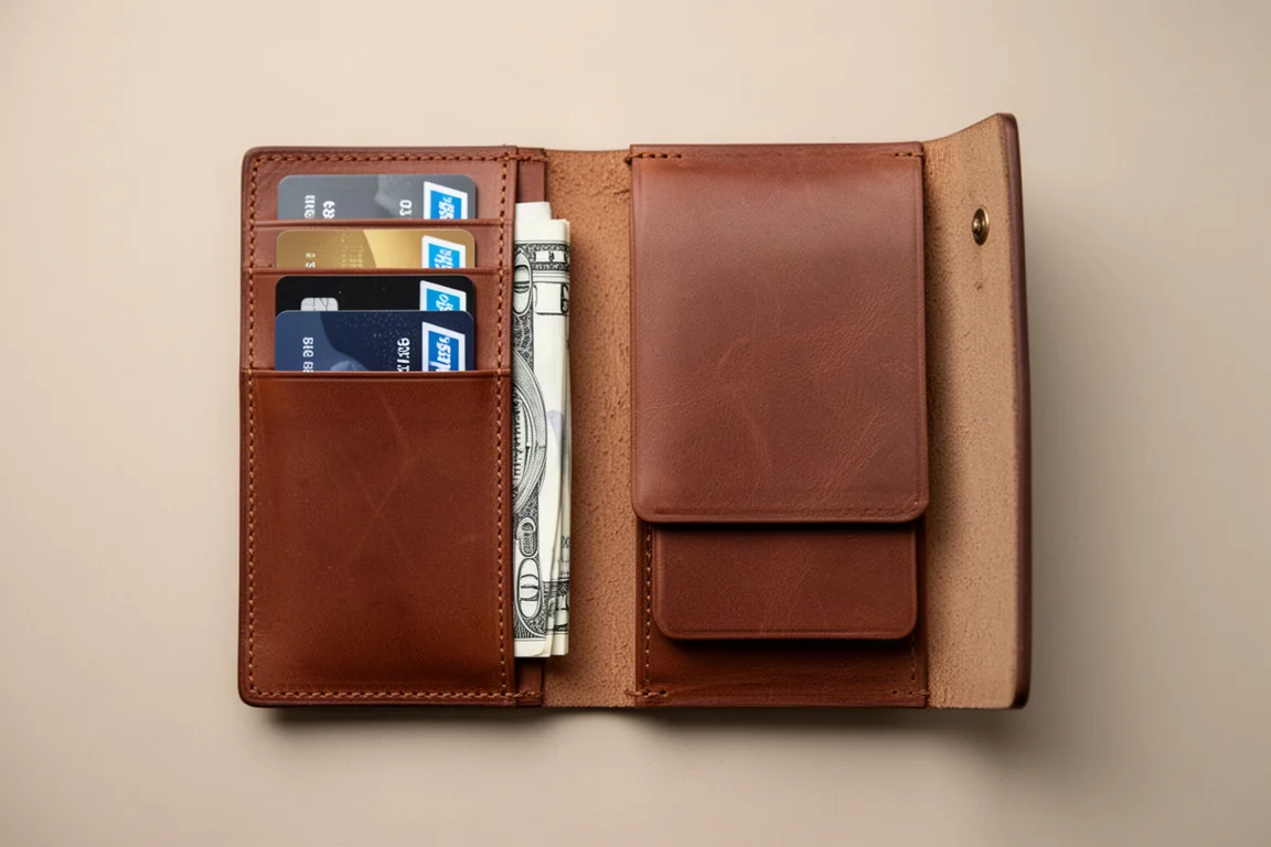Innenansicht einer geöffneten minimalistischen Brieftasche mit Kartenfach und Geldscheinfach
