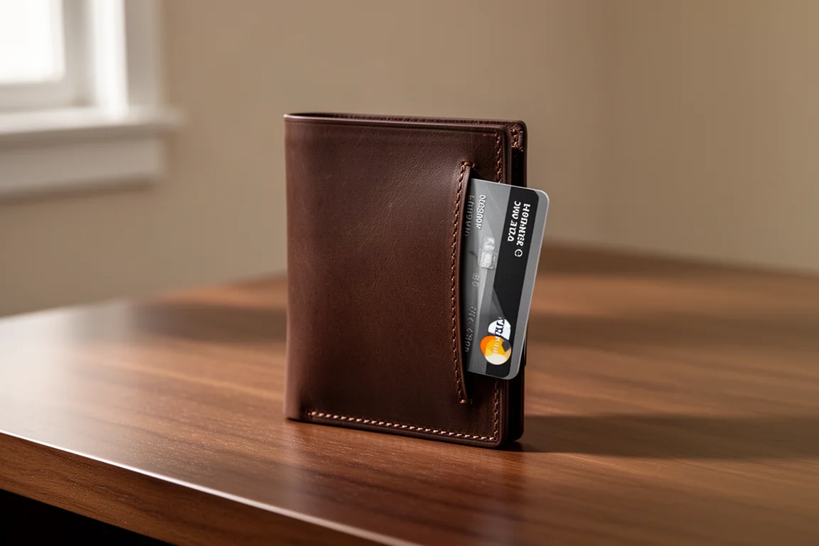 Eine minimalistische Lederbrieftasche auf einem Schreibtisch mit einer Karte im hinteren Schnellzugriff-Fach