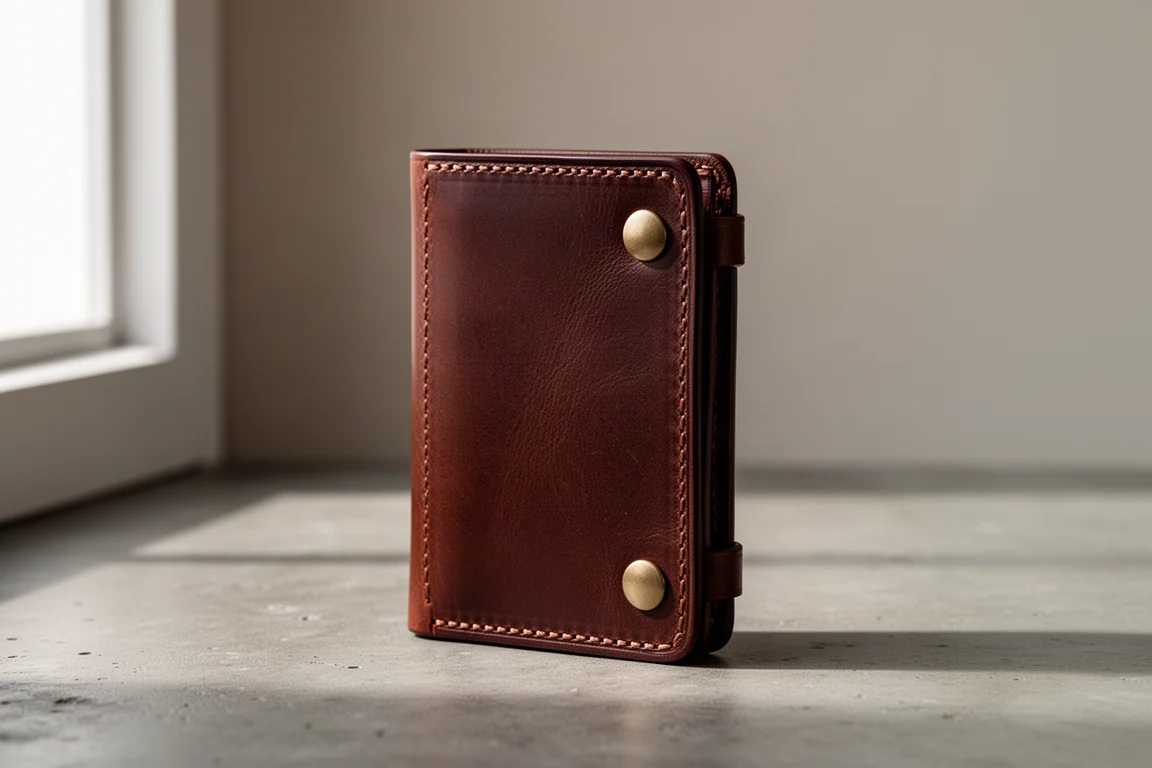 Dark brown vertical leather minimalist wallet standing on a concrete surface
