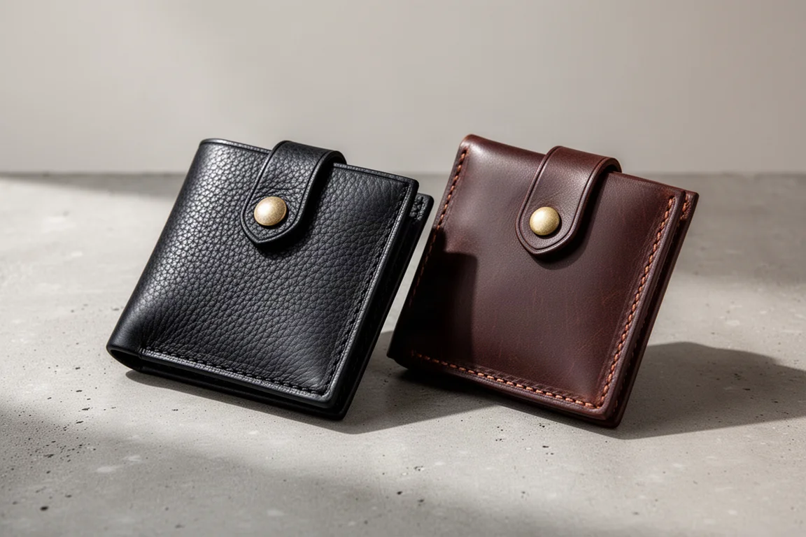 Two handmade leather wallets with snap flaps on a concrete surface