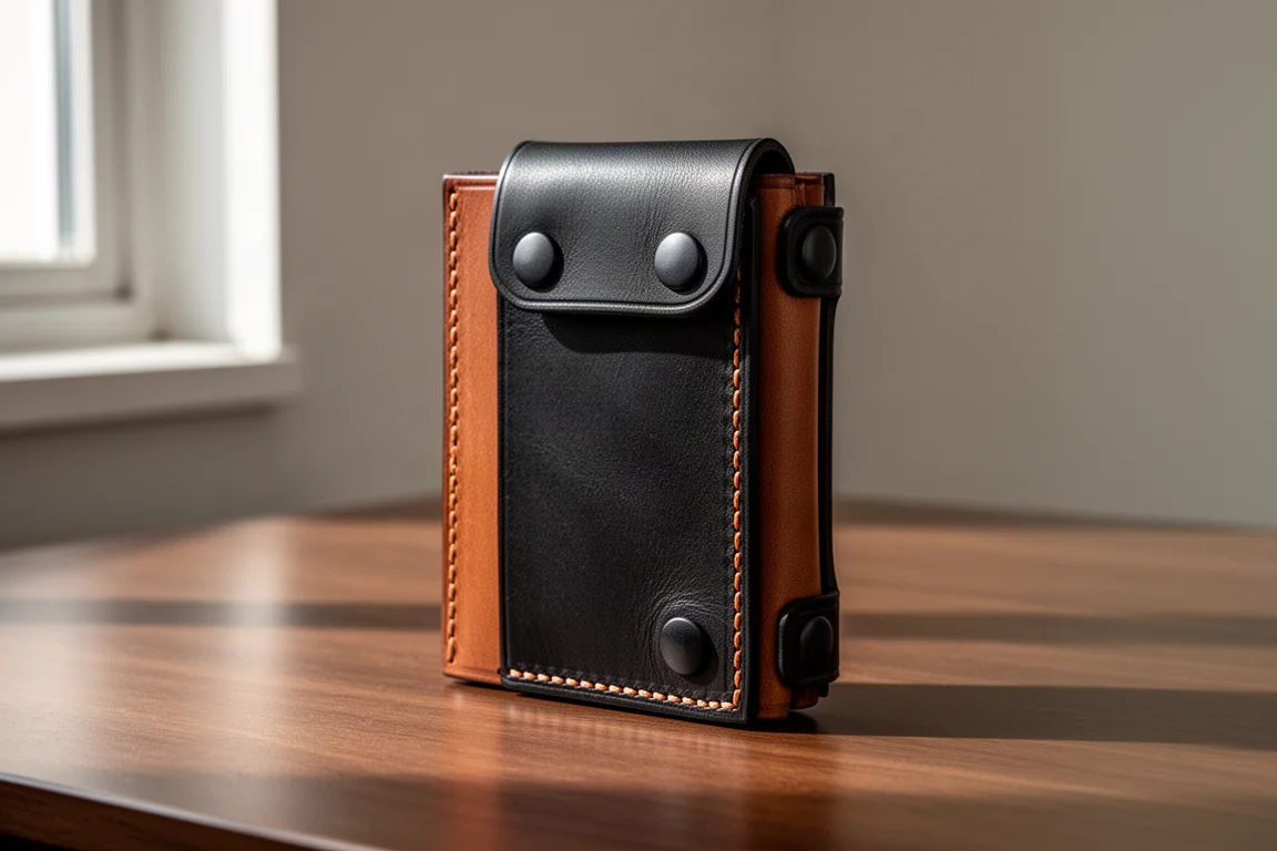 Portafoglio minimalista in pelle nera e cognac fatto a mano con chiusure a bottone su una scrivania in legno