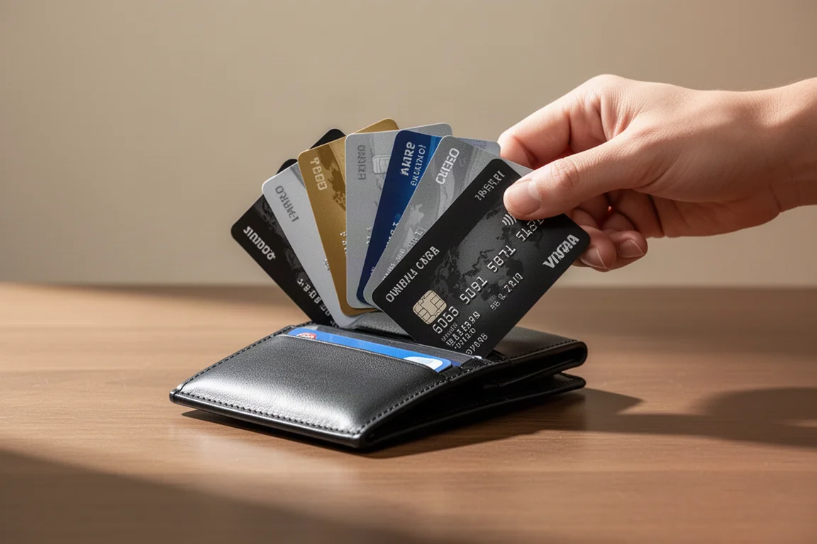 Mano che sventola diverse carte di credito estratte da un portafoglio in pelle sottile