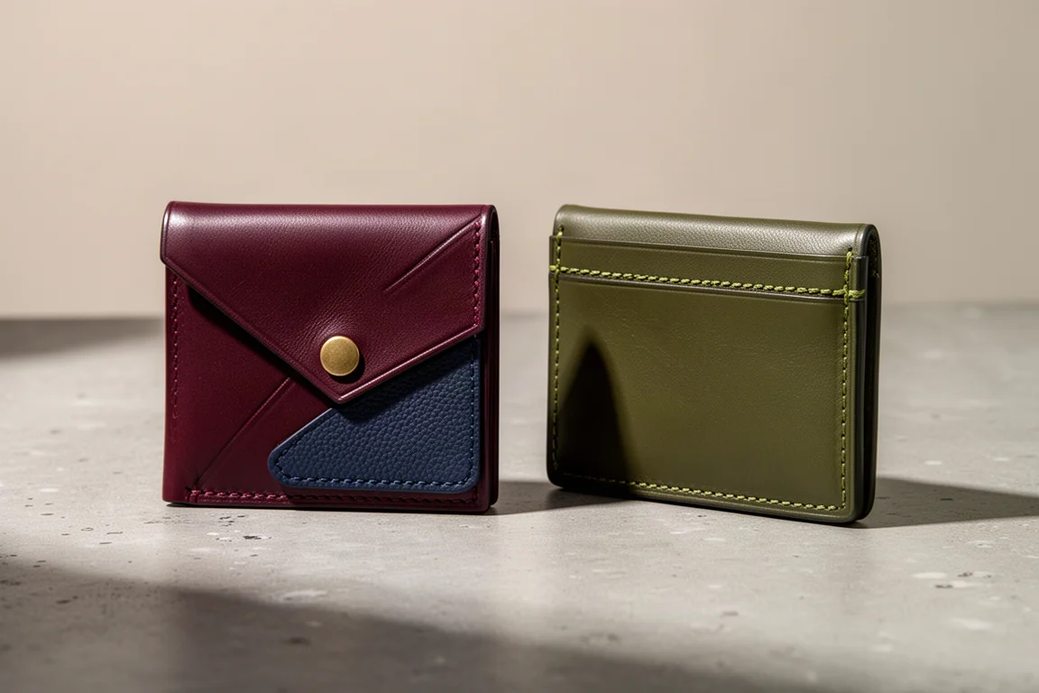 Two handmade leather wallets side by side on a concrete surface