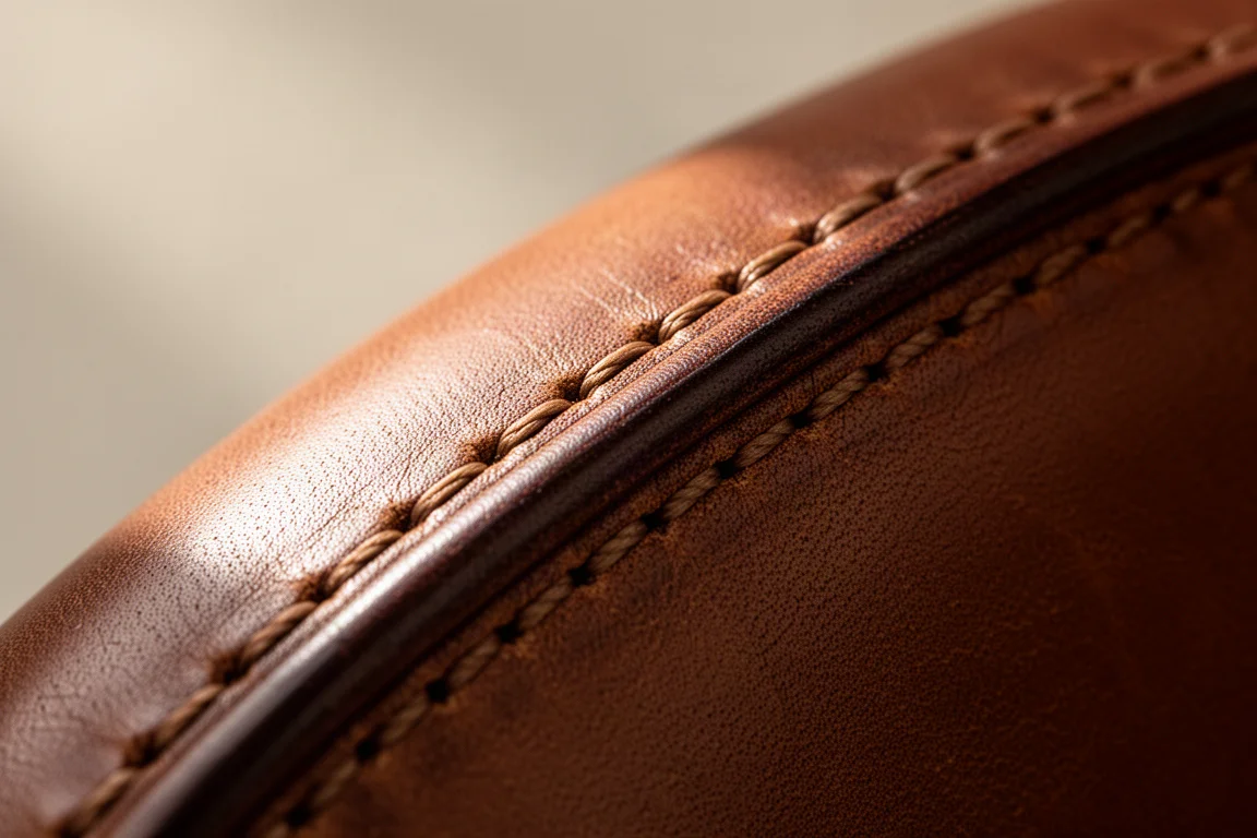 Nahaufnahme der handgenähten Sattlernnat auf einer tobakobraunen Geldbörse aus Vollnarbenleder