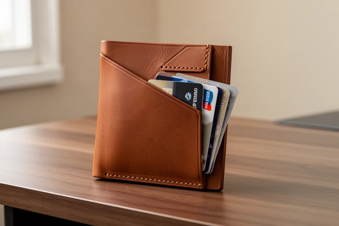 Geöffnete minimalistische Ledergeldbörse mit schräg gestaltetem Hauptkartenfach