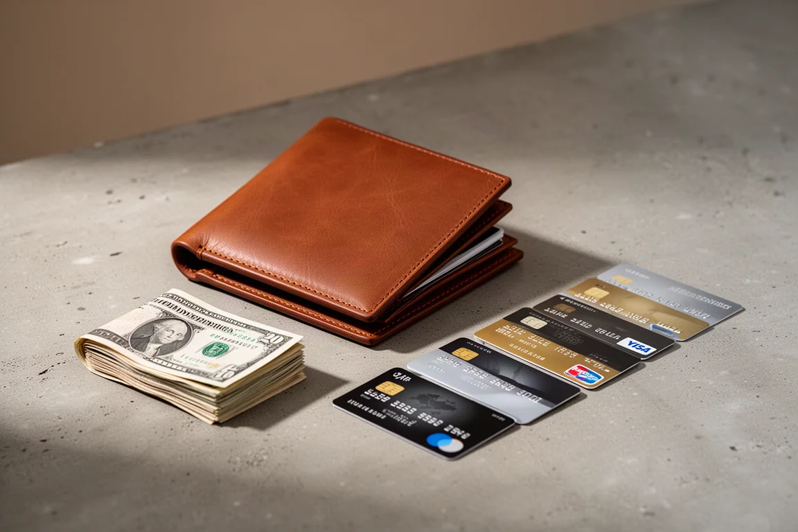 Vollständig beladene Ledergeldbörse mit sieben Karten und gefaltetem Bargeld auf einem Schreibtisch