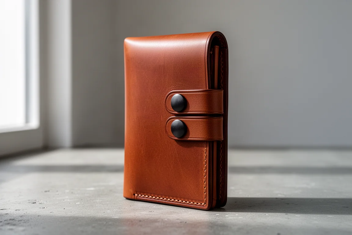 Tobacco-brown full grain leather minimalist wallet with stacked barrel snaps on concrete surface