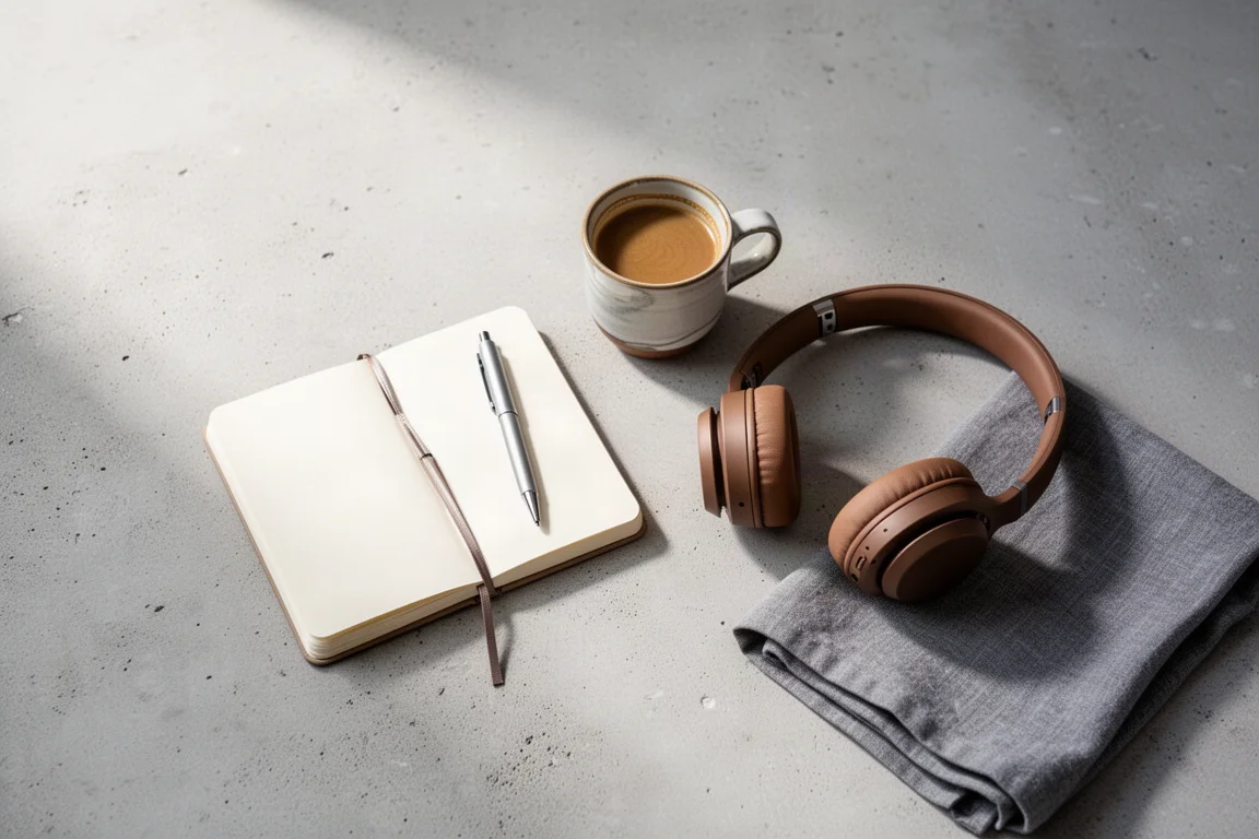 Flach liegendes Notizbuch, Kaffeetasse und Kopfhörer auf einer Betonfläche