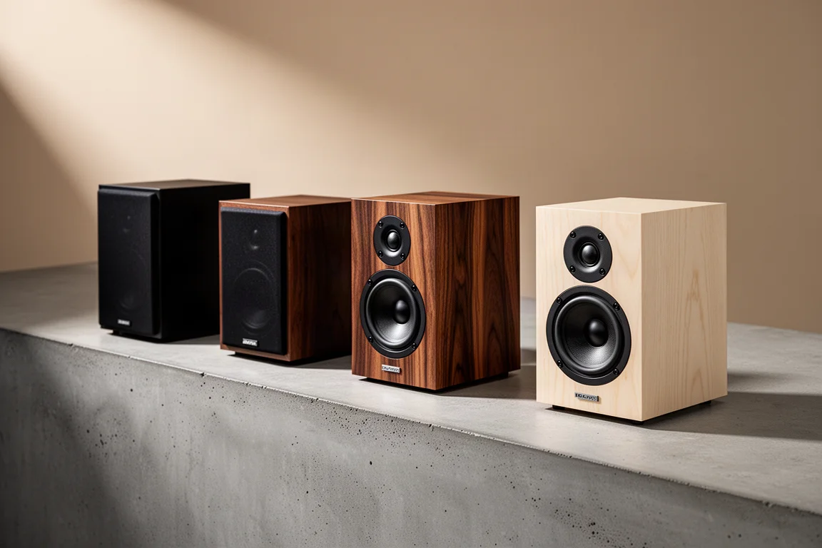 Compact bookshelf speakers in black, walnut and pale wood finishes on a concrete surface