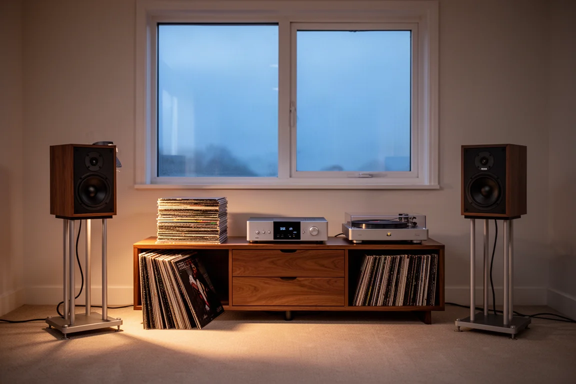 Two-channel listening room at dusk with bookshelf speakers on stands and warm lamp light