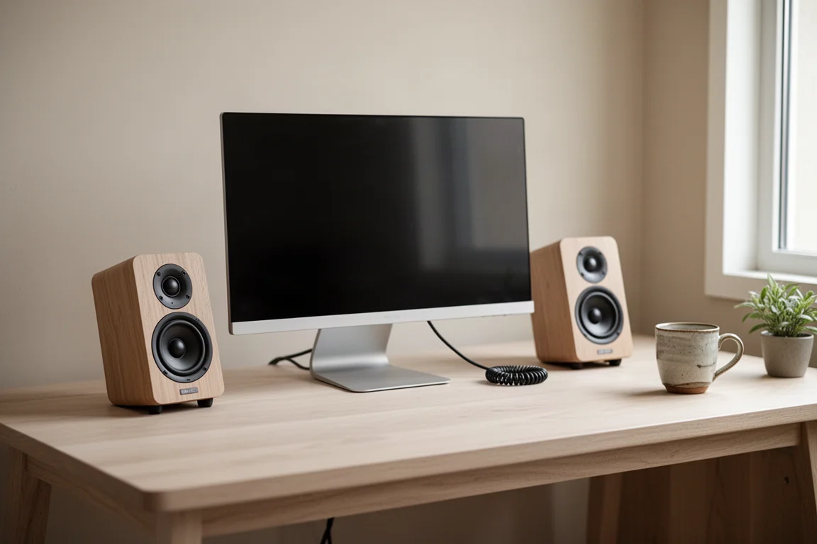 Small powered desktop speakers flanking a monitor on a wooden desk