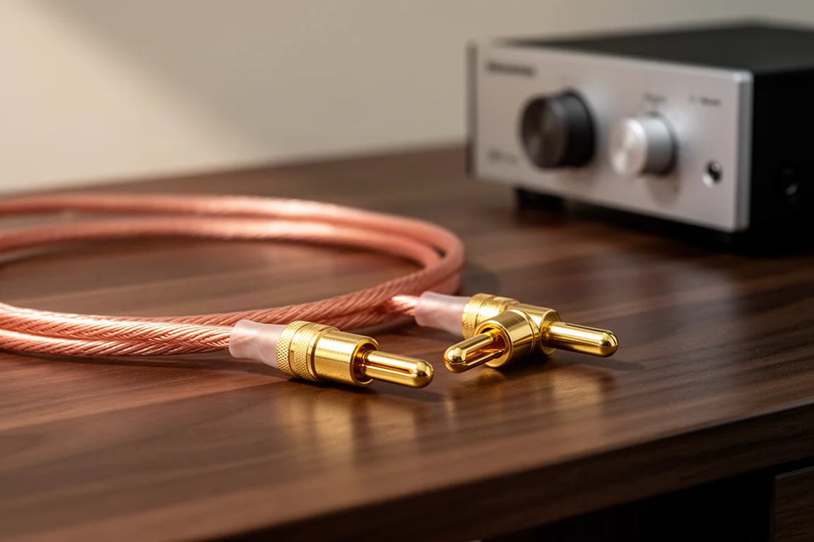 Close-up of speaker cable and banana plugs resting on a wooden desk