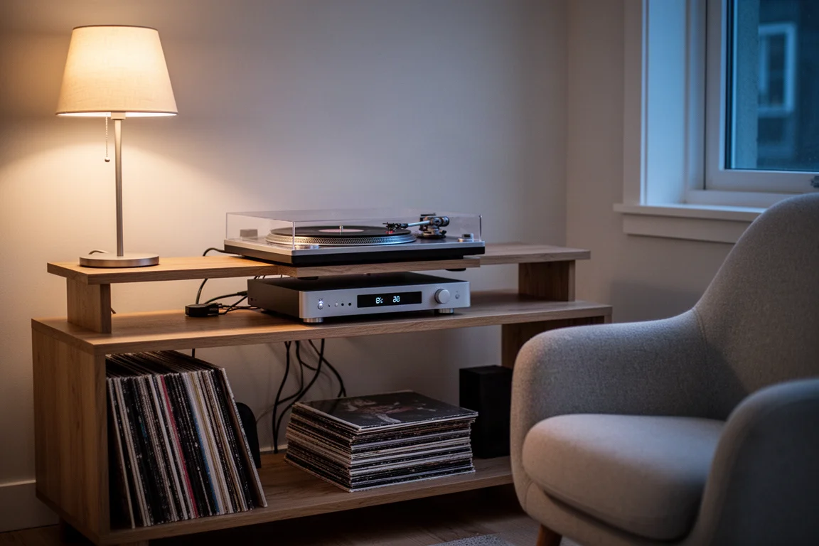 Evening listening corner with turntable, amplifier, and a low shelf of records