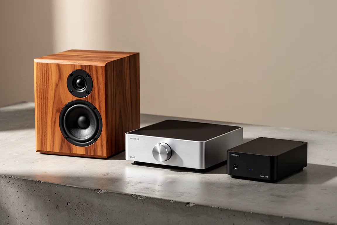Bookshelf speaker, desktop amplifier, and compact DAC arranged on a concrete surface