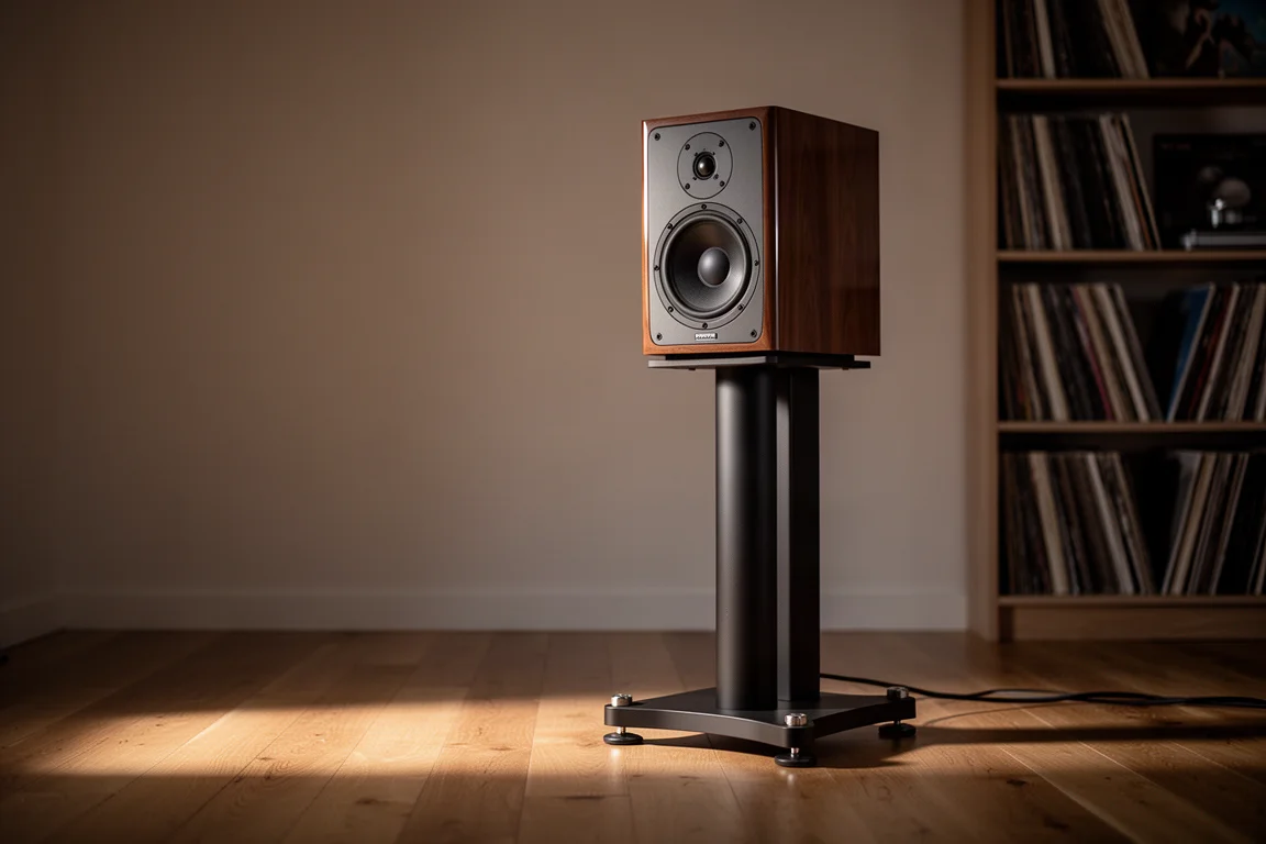 Enceinte bibliothèque posée sur un pied lourd dans une salle d'écoute à l'éclairage doux