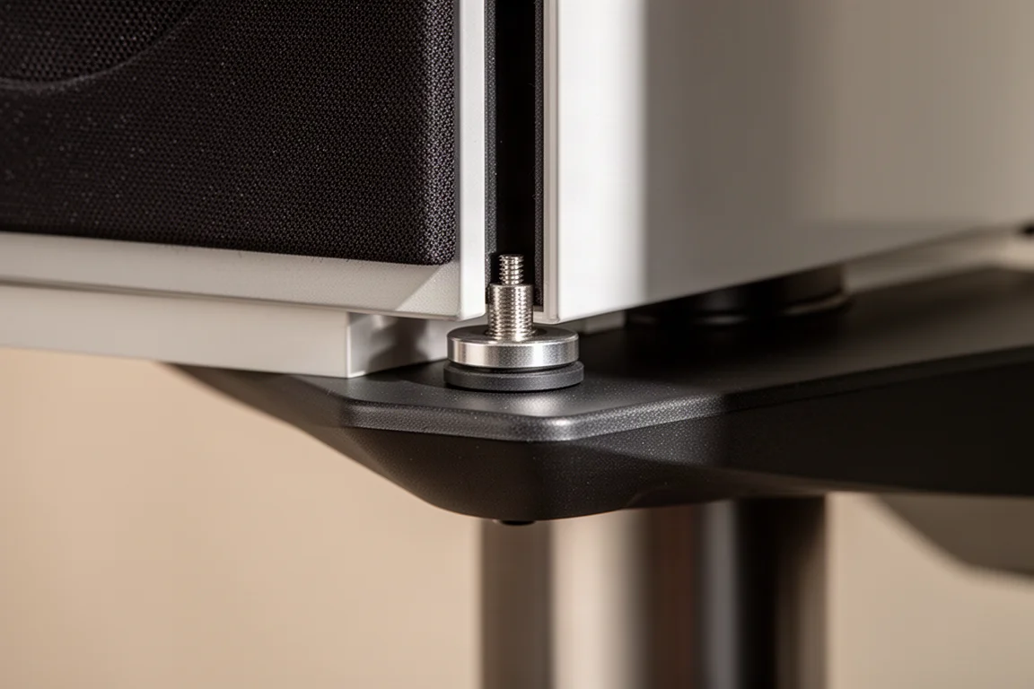 Gros plan sur un petit pied d'isolation entre l'enceinte et le plateau supérieur du pied