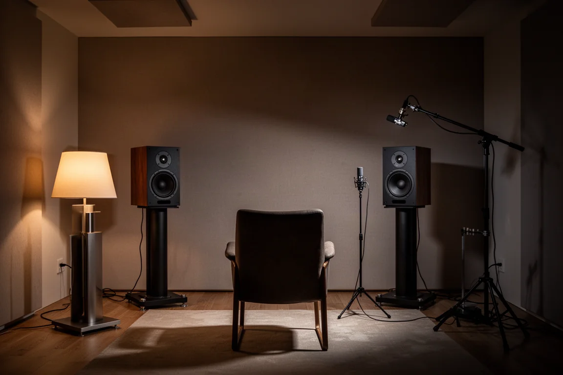 Salle d'écoute tamisée avec deux enceintes sur pieds, une chaise et un microphone de mesure