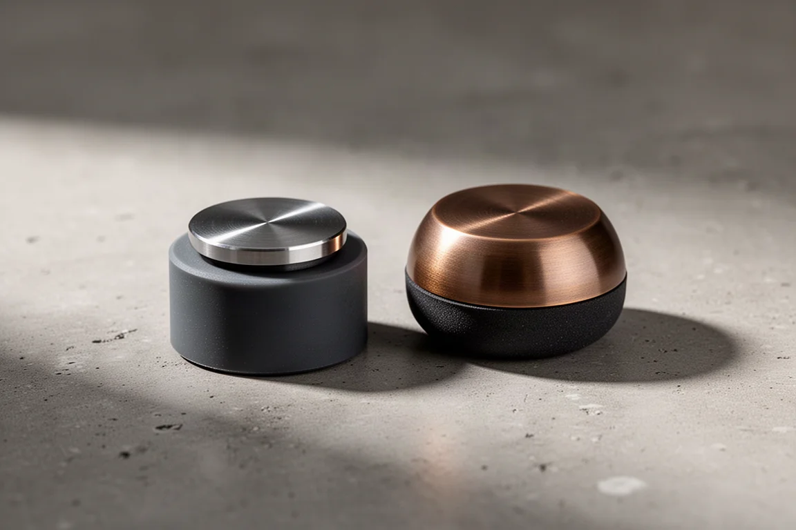 Two sets of hi-fi speaker isolation feet arranged on a matte concrete surface