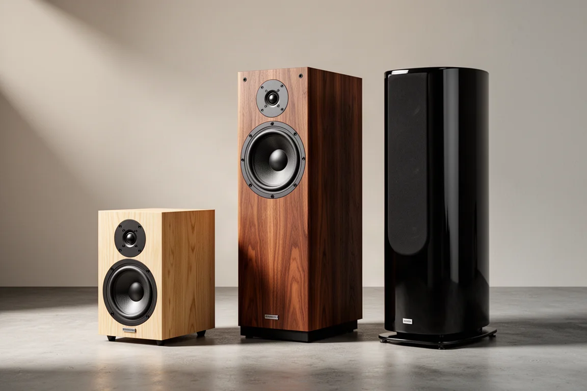 Three hi-fi loudspeakers arranged in a row on a concrete surface in a studio setting