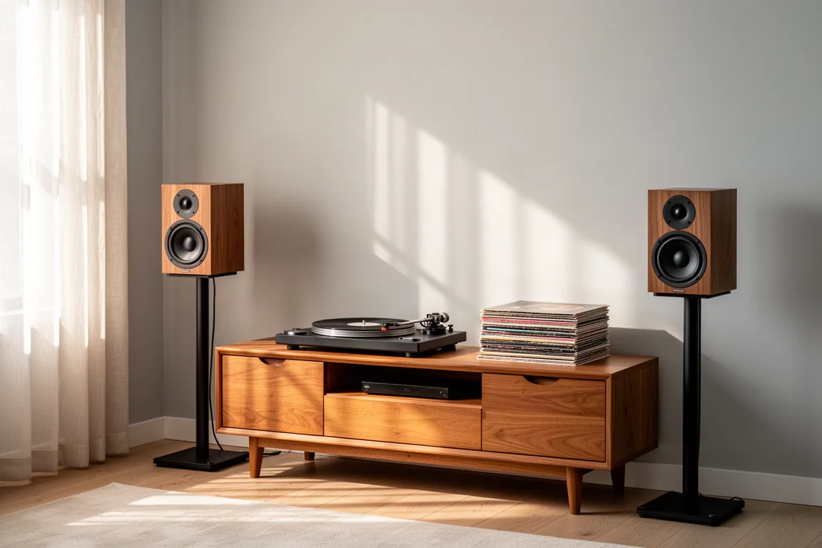 Coppia di diffusori da scaffale compatti su supporti accanto a una console in legno in un soggiorno luminoso