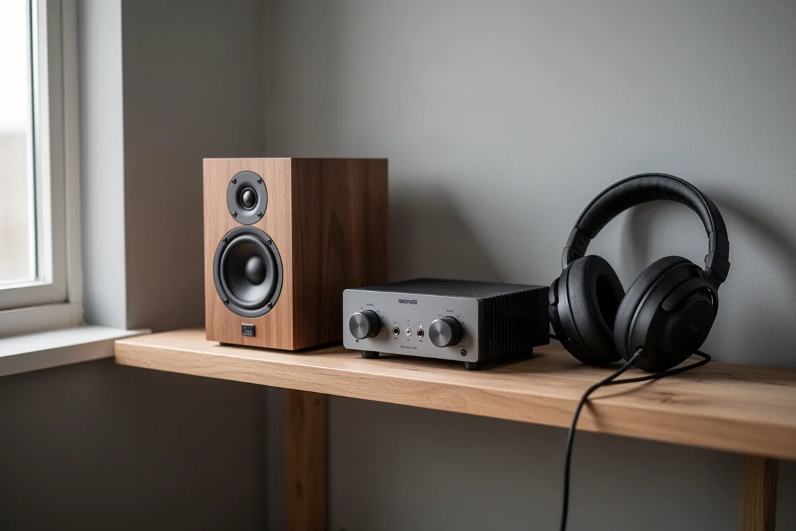 Piccolo diffusore da scaffale su una mensola di legno accanto a un amplificatore desktop compatto e cuffie