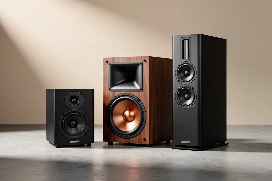 Three different speakers arranged on a concrete surface in soft studio light