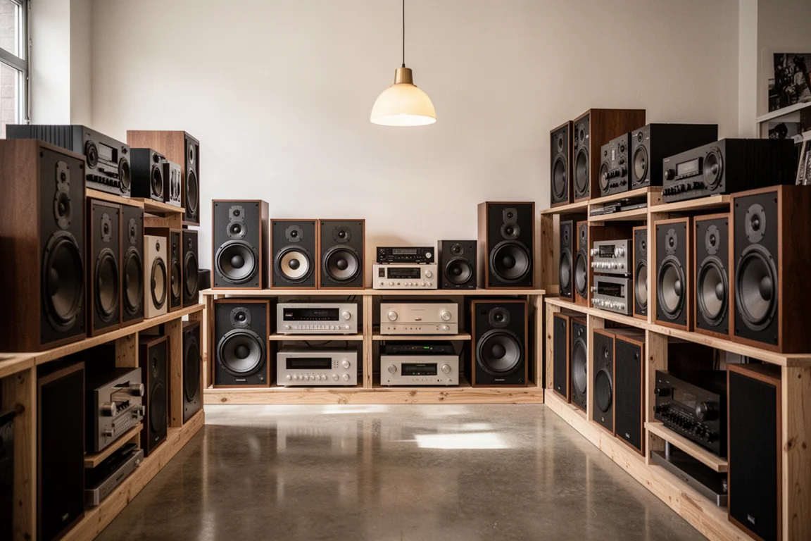 Interno di un negozio hi-fi dell'usato con diffusori e amplificatori usati su scaffali di legno