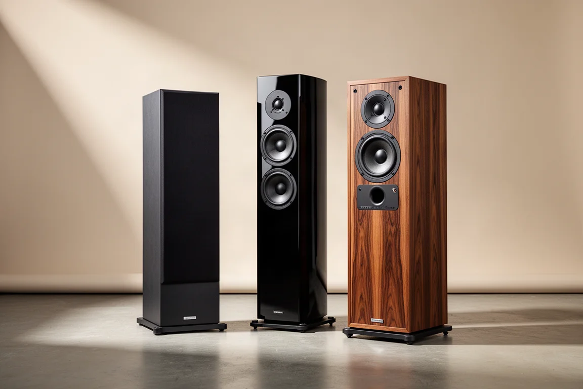 Three high-end floorstanding loudspeakers on a matte concrete floor in soft studio light