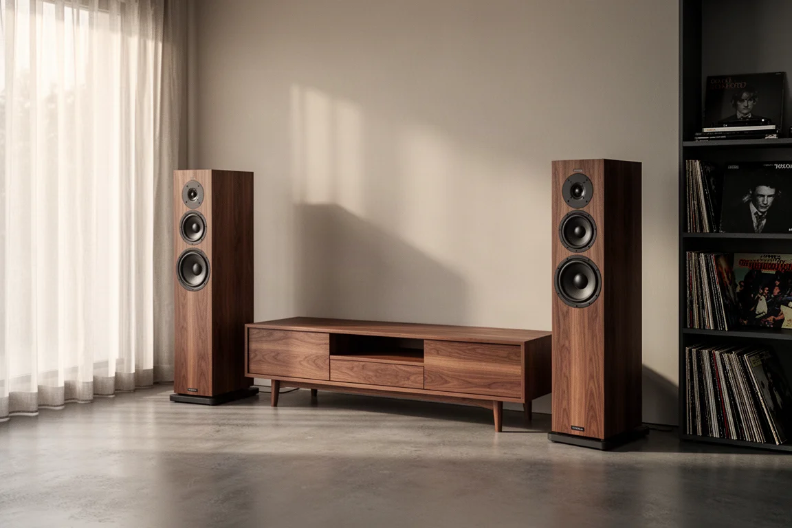 Pair of floorstanding tower speakers beside a low media console in a bright listening room