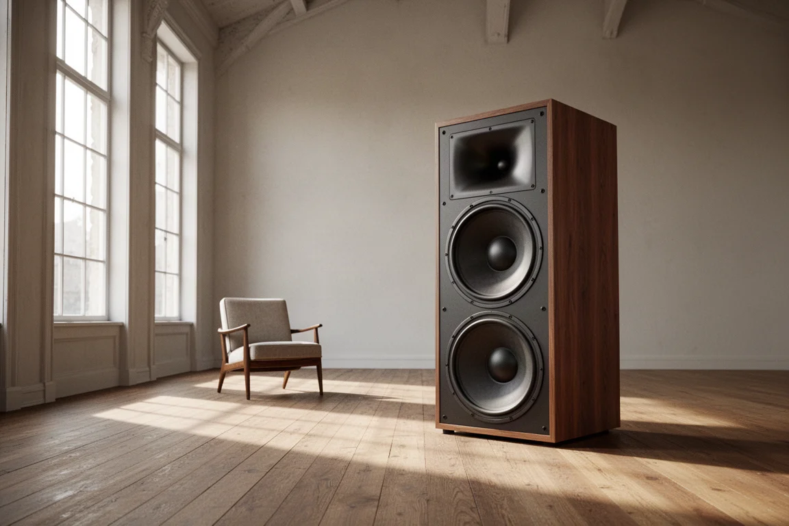 Large horn-loaded speaker standing in a spacious high-ceiling room with tall windows